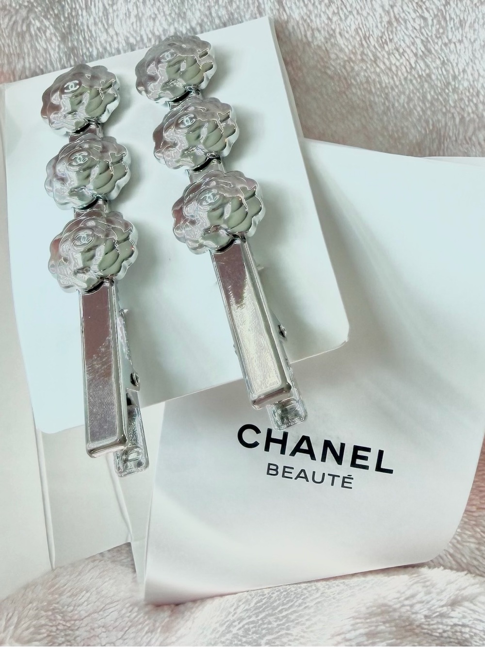 CHANEL Silver Camellia Clip Pair — Shiny Floral Brooch Clips NWT